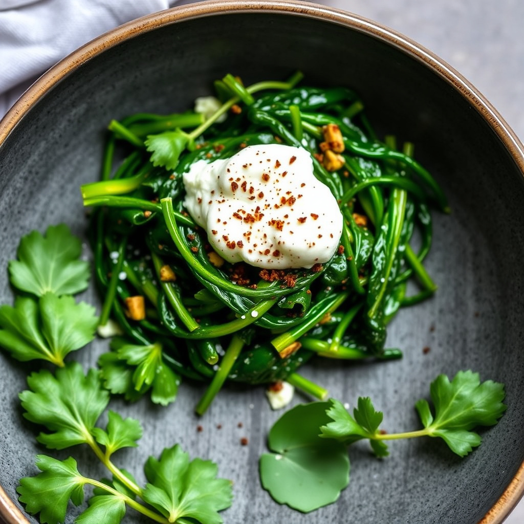 Grønne grønnsaker med krydret smør og fersk ricotta