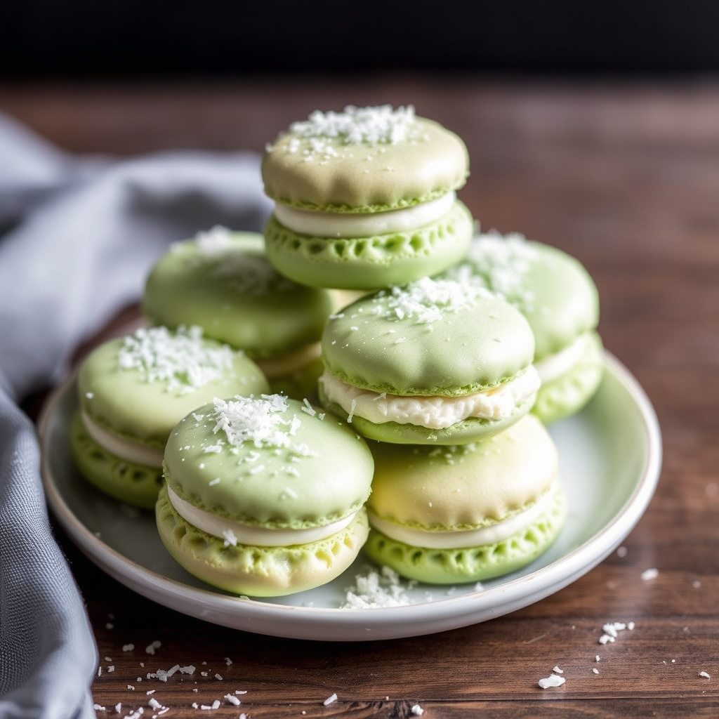 Grønne og hvite kokosmakroner med sjokolade