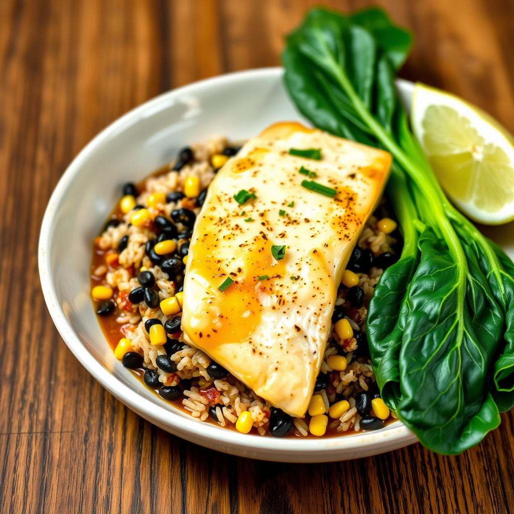 Gul snapper med svart klebrig ris og maisaus