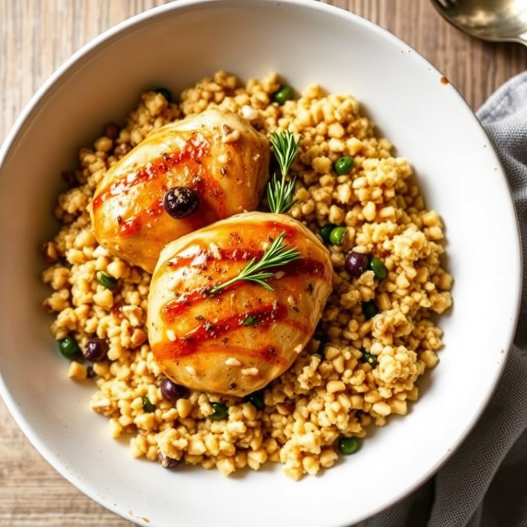 Gullig sitron- og olivenkylling med pinjekjerner i couscous