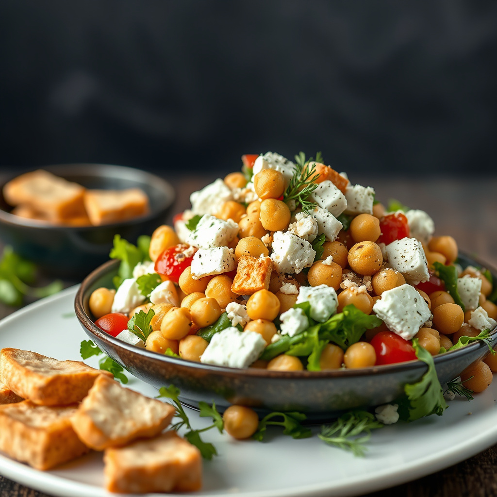 Hakket salat med fetaost, kikerter og pitabrødkrutonger