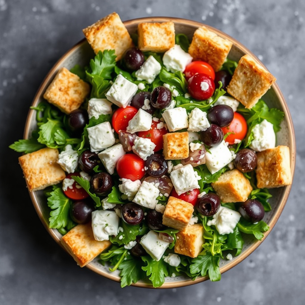 Hakket salat med fetaost, oliven og pitabrødkrutonger