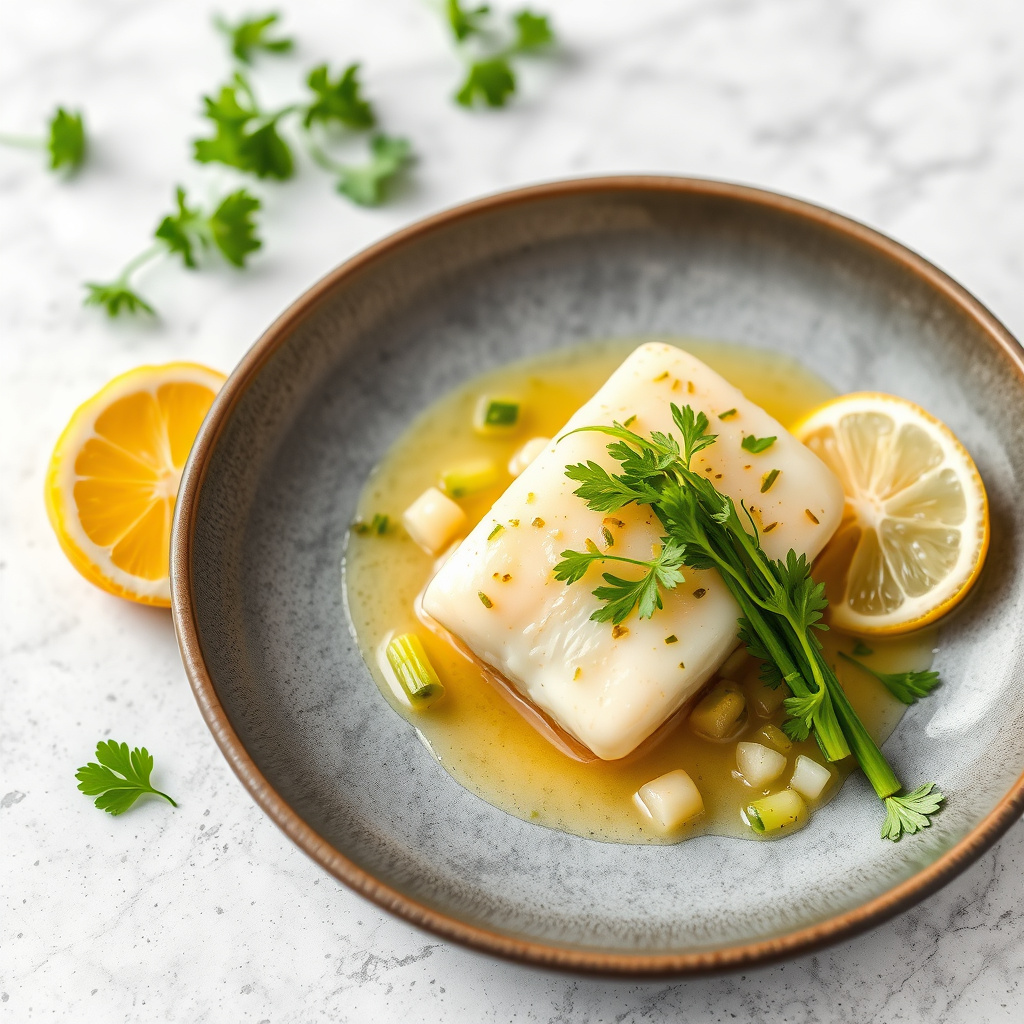 Halibut confit med purre, koriander og sitron