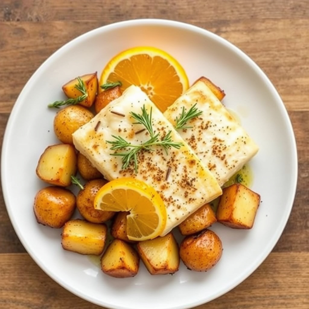 Halibut med ovnsbakte poteter, appelsin og rosmarin