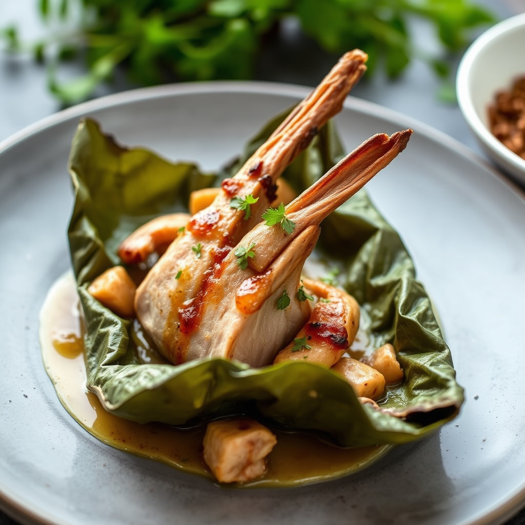 Kaninbryst stekt i tobakksblad med hvitløkssaus