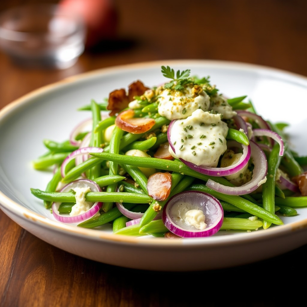 Haricot vert- og rødløksalat med pistou