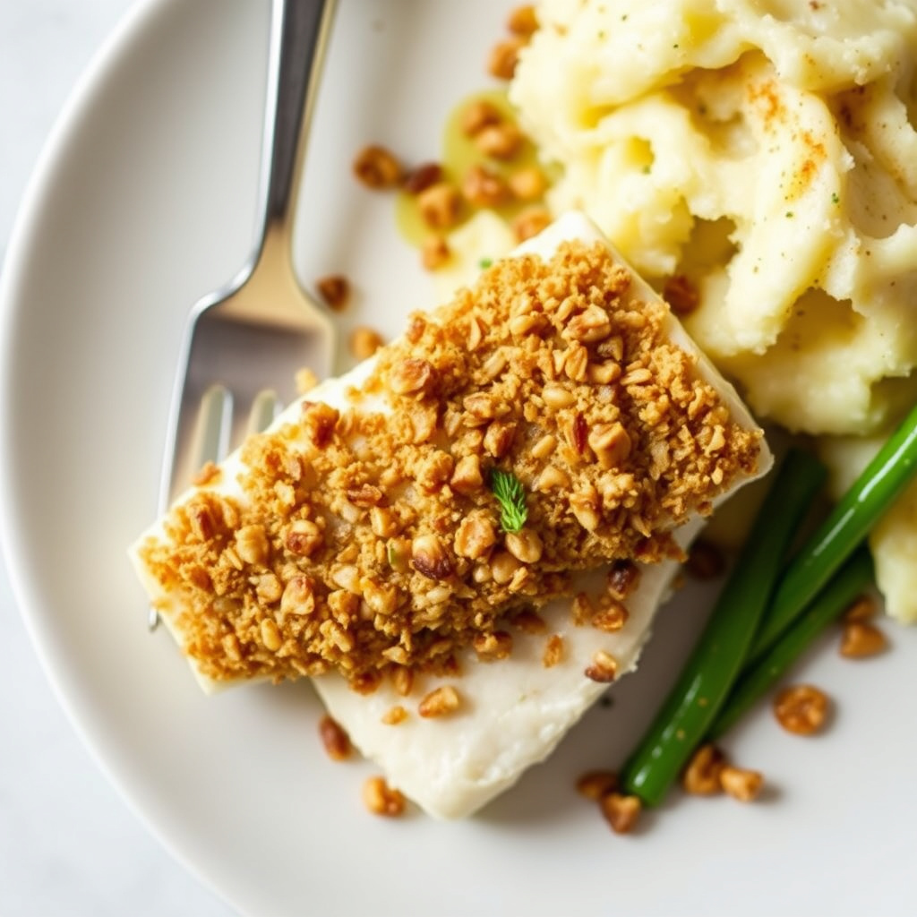 Hasselnøtt-omnet halibut med hvitløksmos