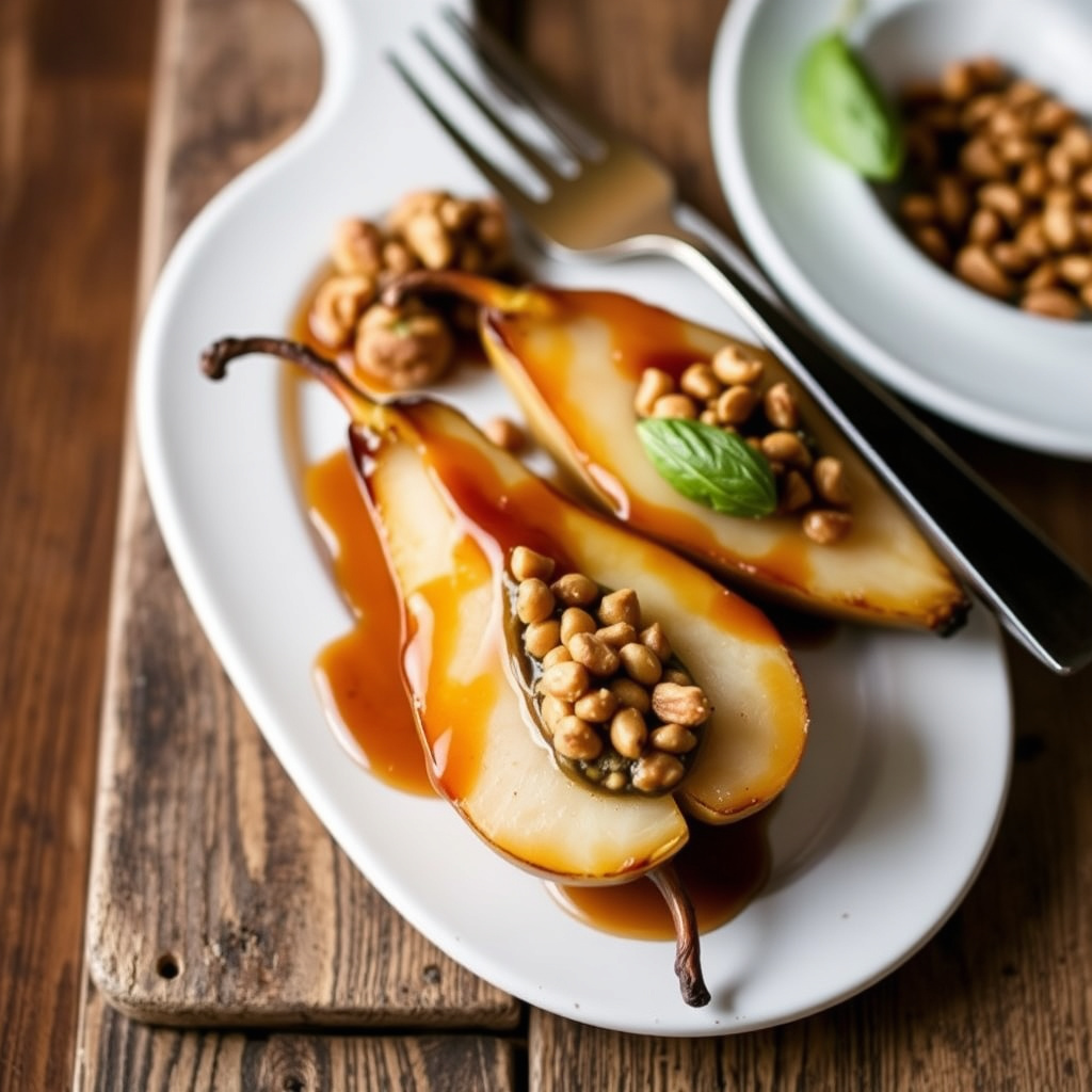 Hasselnøttfylte pærer med lønnesirupglasur