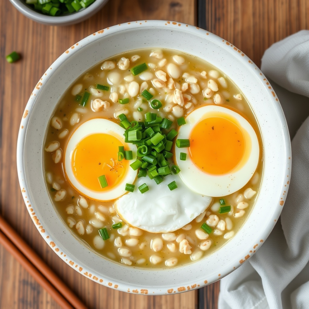 Havregrøt med stekte egg og asiatisk tilbehør