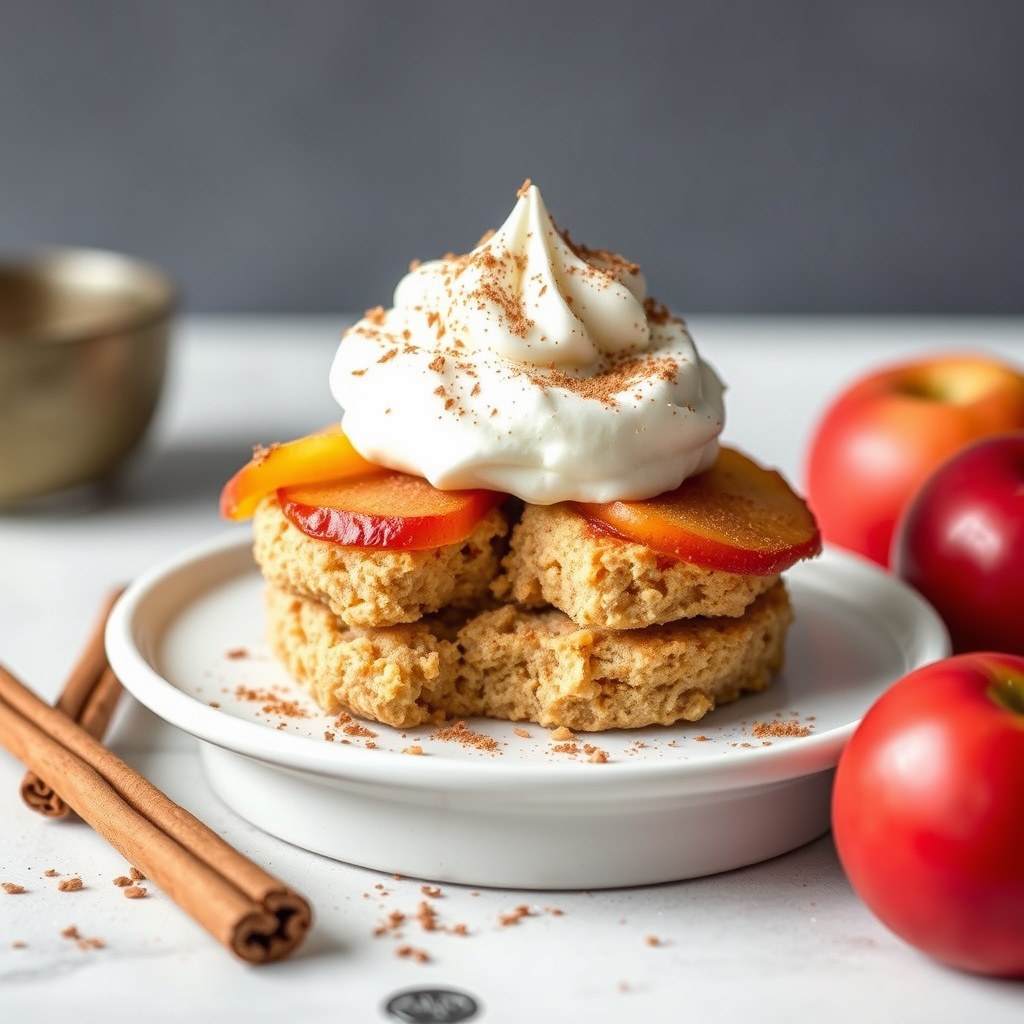 Havregrynskaker med sauterte epler, kanel og pisket krem