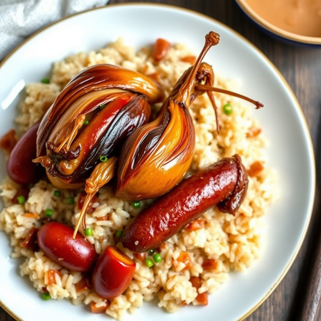 Hel hellekylling med klebrig ris og kinesisk pølse