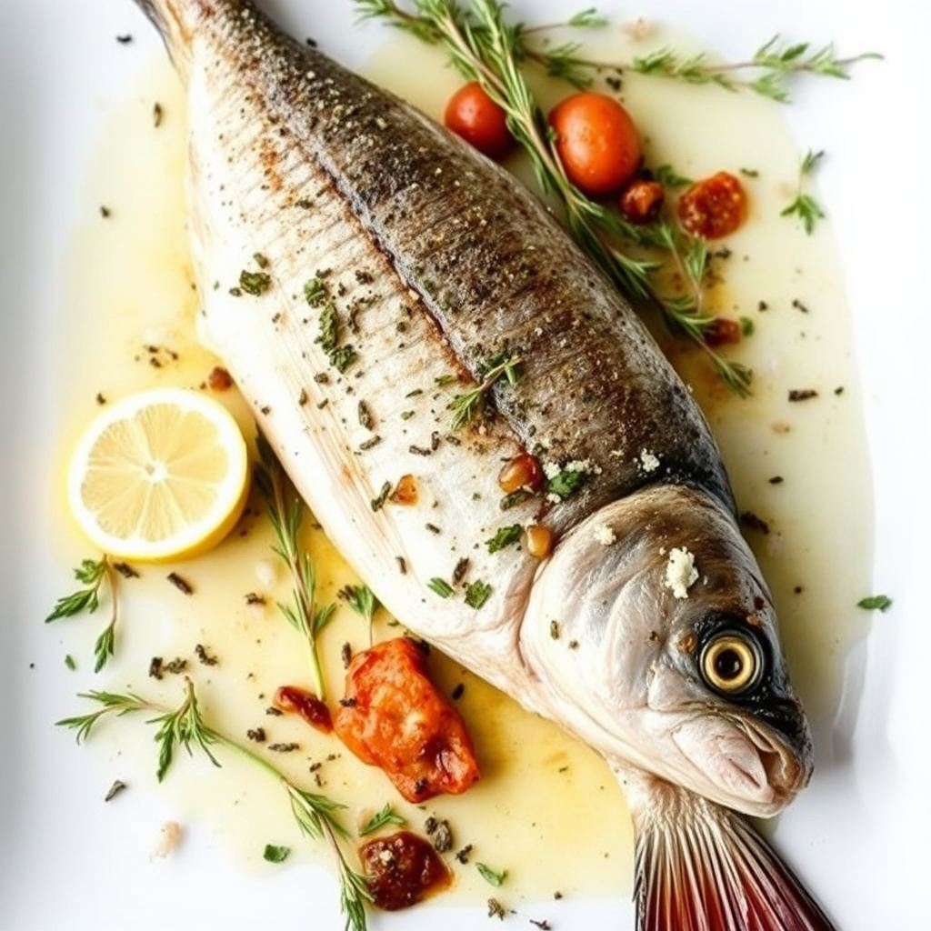 Hel branzino bakt i havsalt med aromatiske urter