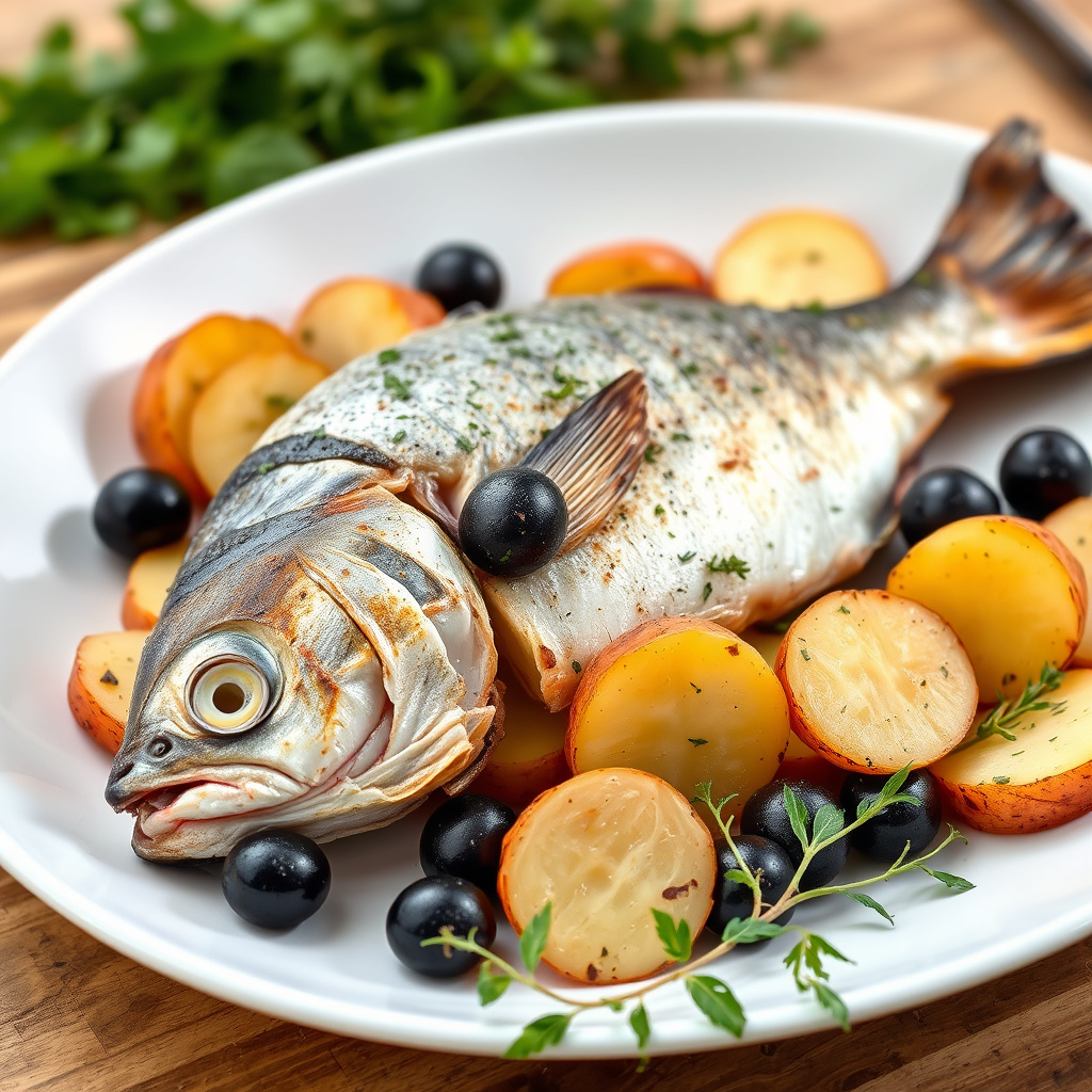 Helstekt hel fisk med skivede poteter, oliven og urter