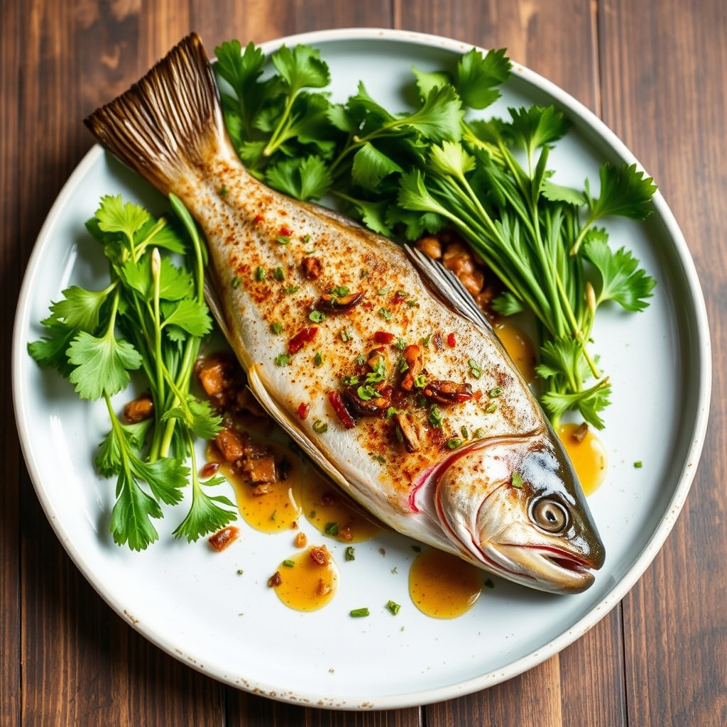 Helstekt ørret med ovnsbakt sjalottløk og pancettavinaigrette