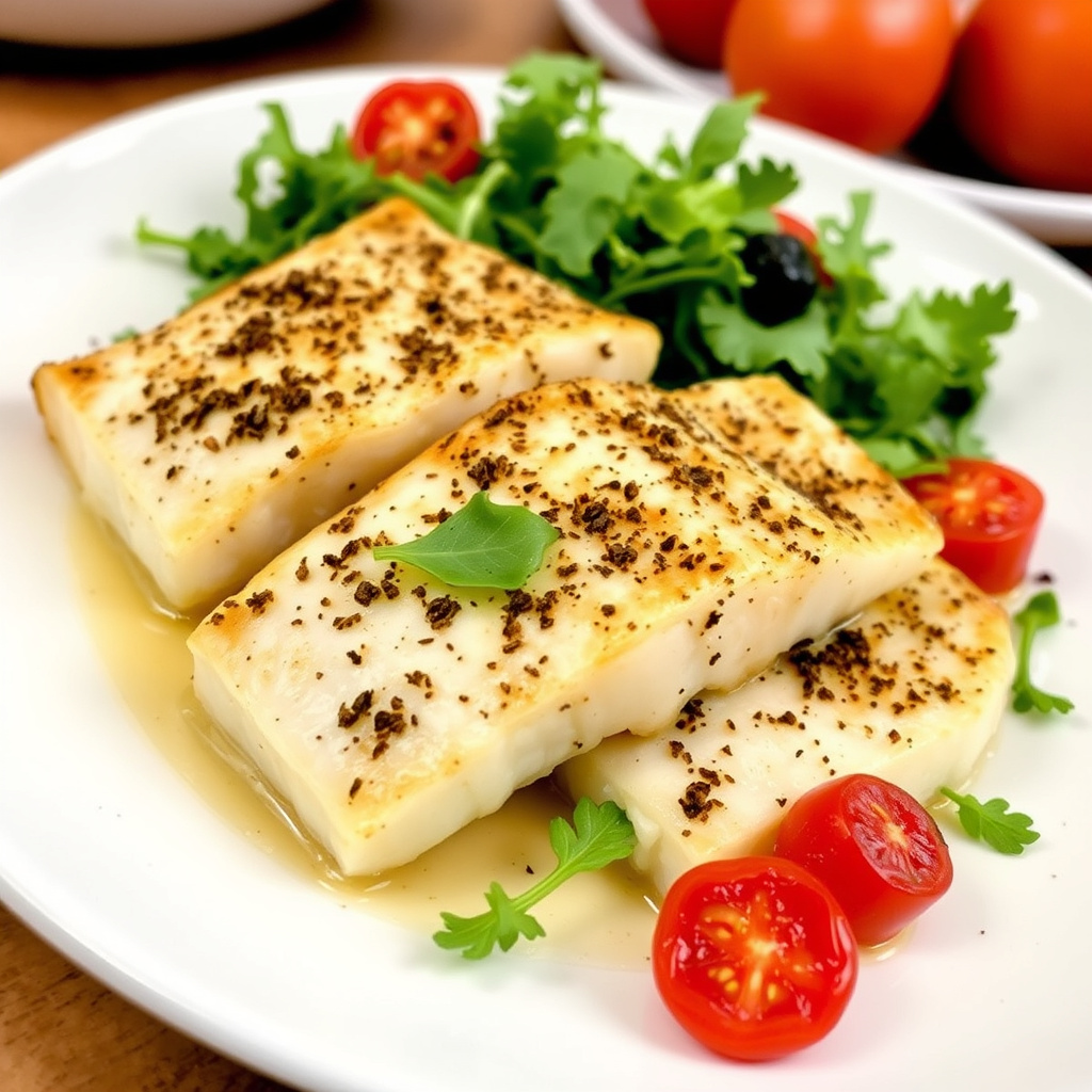 Herbaste sandkveiter med varm ruccola og ildrøkt tomatsalat