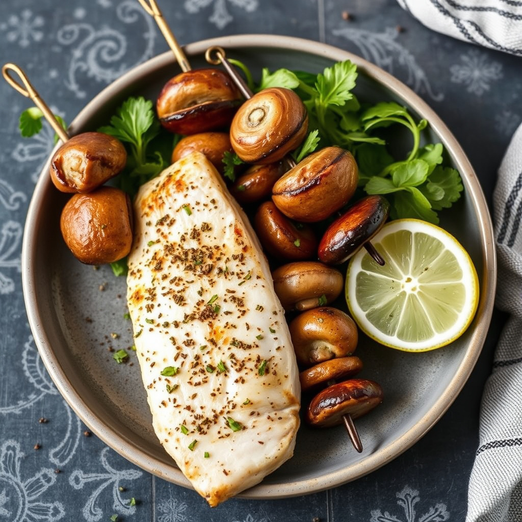 Herbed sverdfisk- og shiitake-kebabs