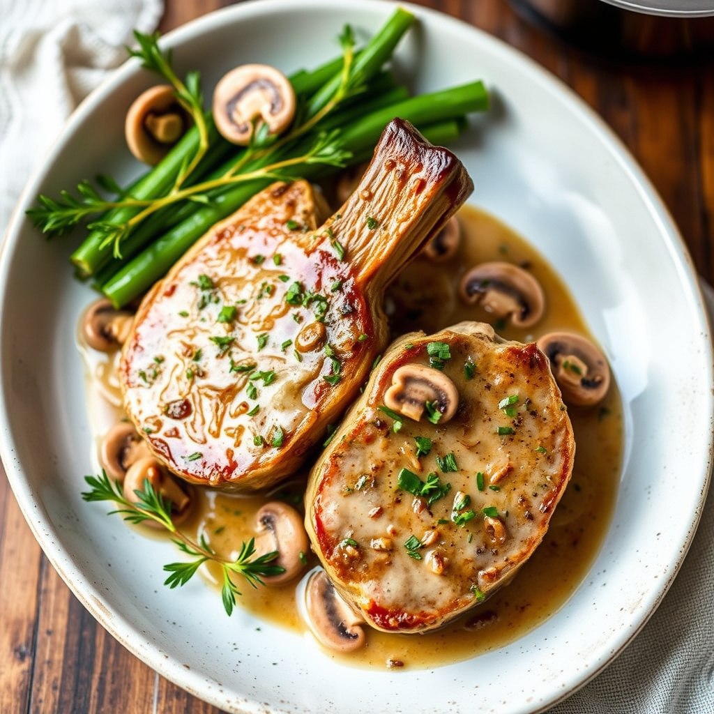 Herbede svinekoteletter i soppsaus