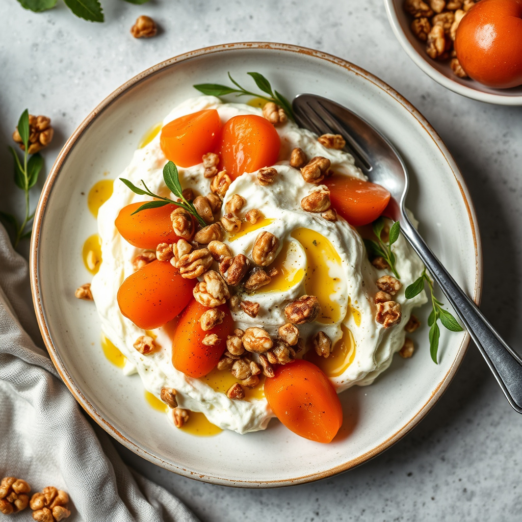 Hjemmelaget ricotta med aprikoser og valnøtter