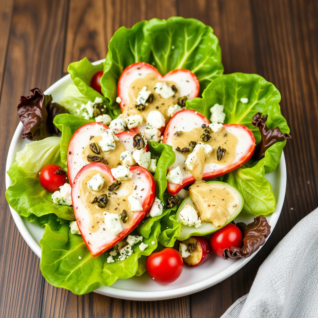 Hjerter av romanosalat med blåmuggost og kapersdressing