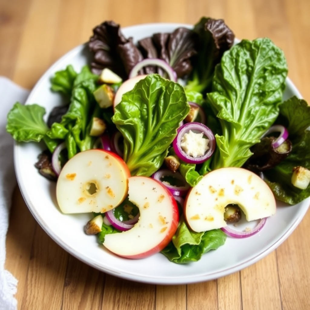 Hjerter av romanosalat med eple, rødløk og sidereddikvinaigrette
