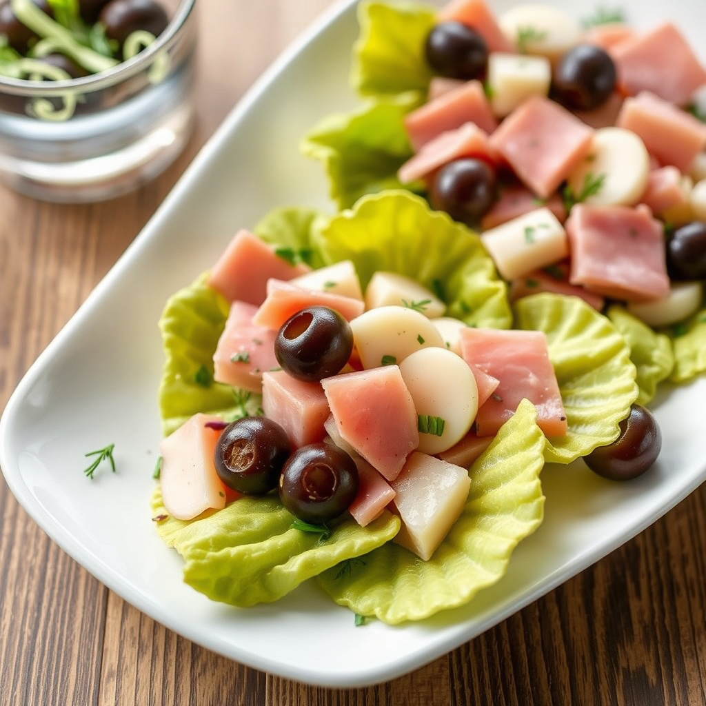 Hjertesalat med palmeskudd, oliven og skinke