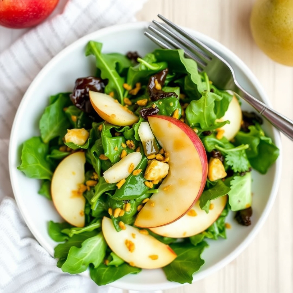 Honning- og sennepsdressedede grønnsaker med eple og pære