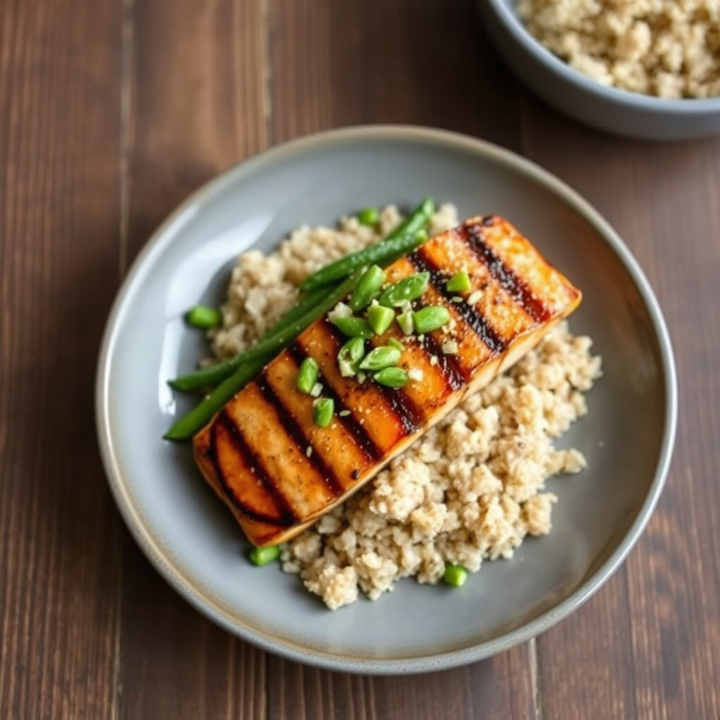 Honning- og soyagratinert laks med edamame og brun ris