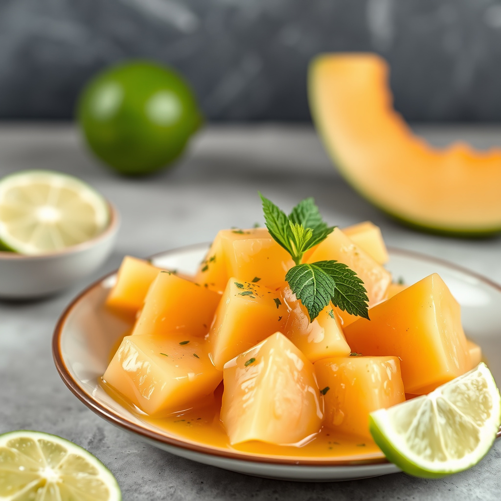 Honningmelon og cantaloupe i vanilje-lime-sirup