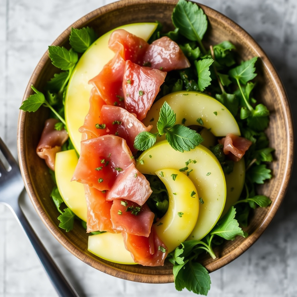 Honningmelon og prosciutto med grønnsaker og myntedressing