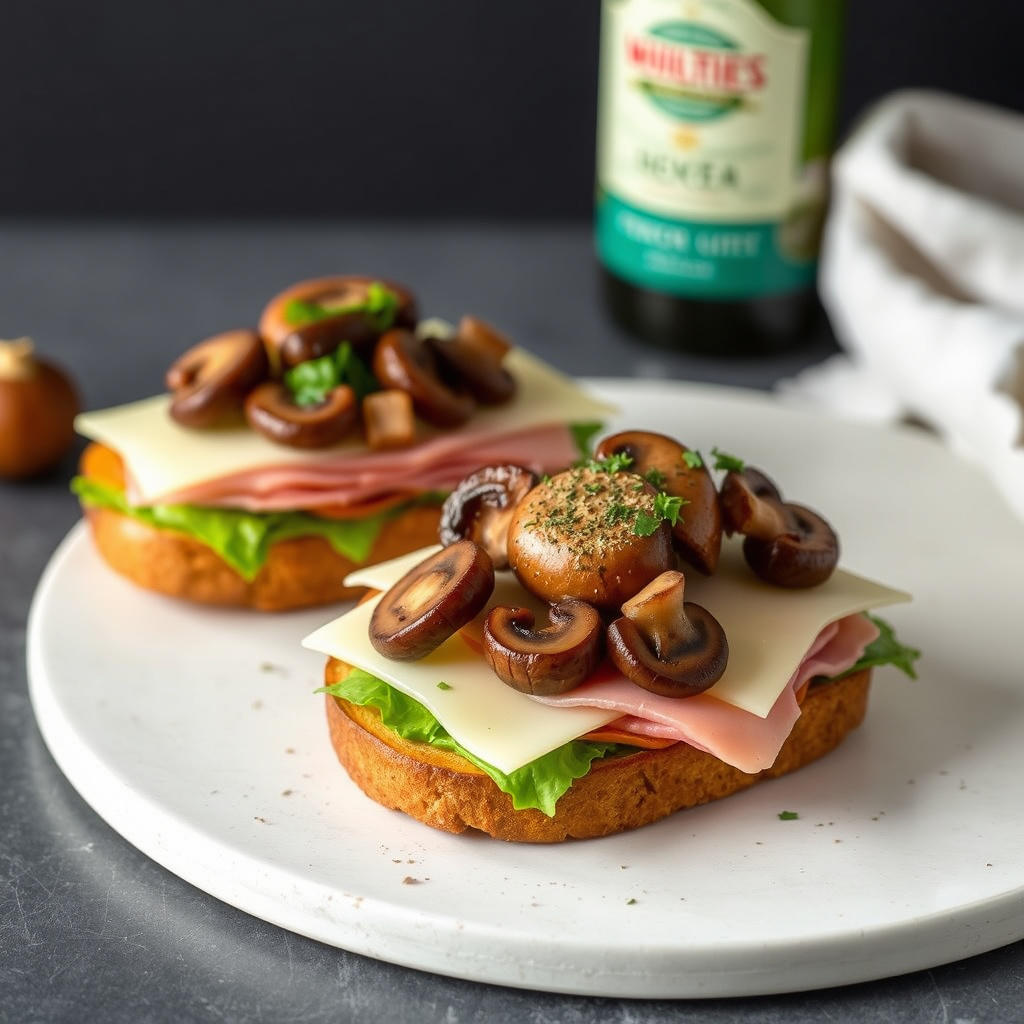 Varme smørbrød med skinke, sveitserost og sopp