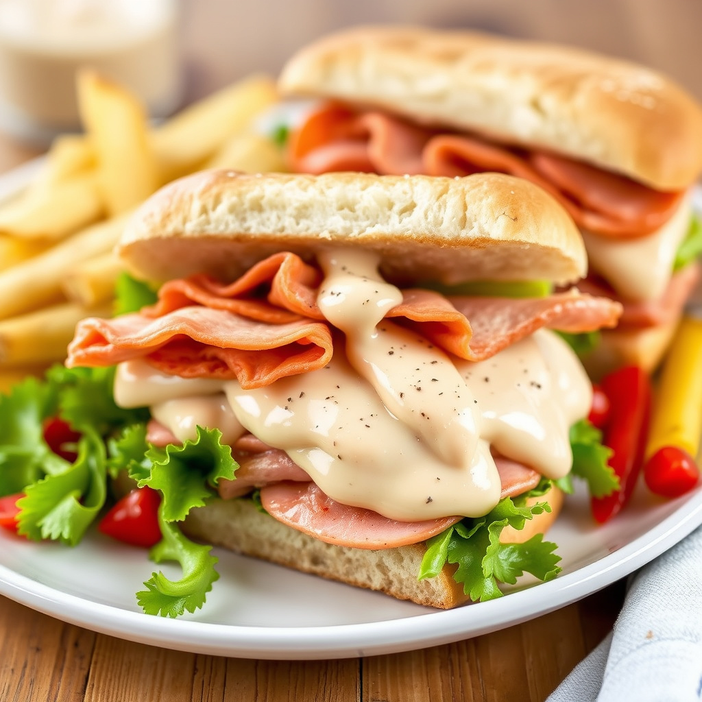 Hot svinesandwich med sveitserost og rask russisk dressing