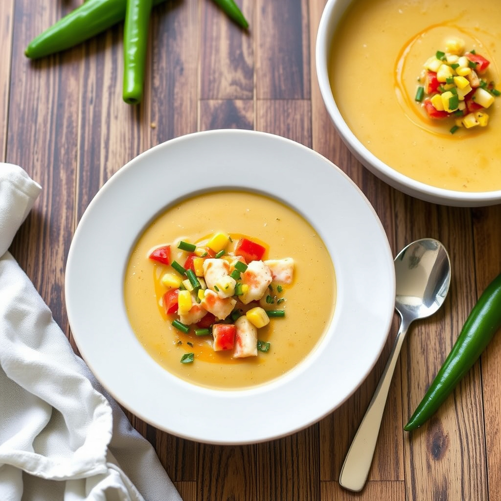 Kremet hummer- og grønn chilibisque med maisrelish