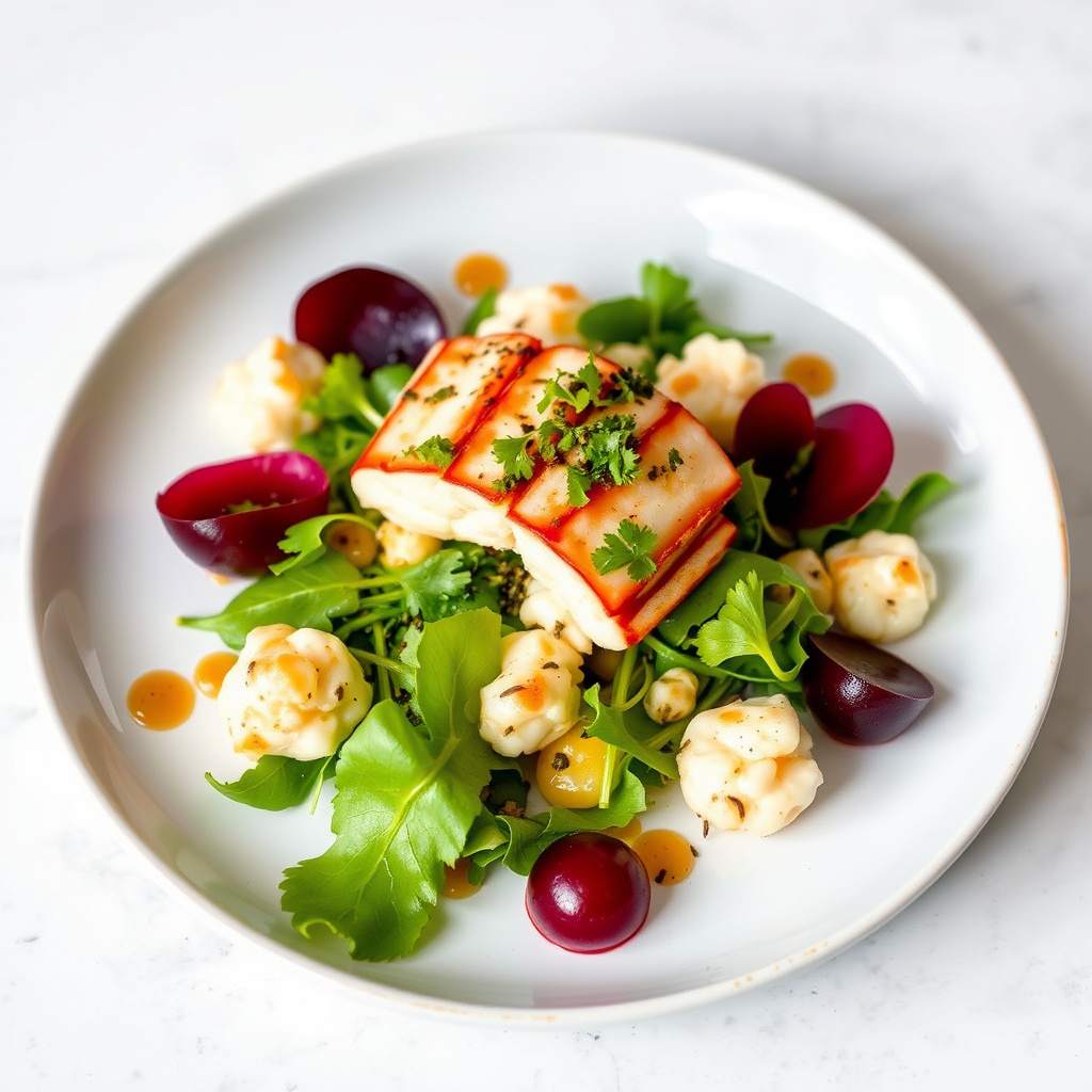 Hummer- og rødbetblanding med kamskjell- og kaviarvinaigrette