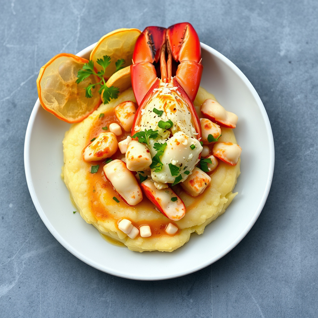 Hummer- og scampispyd over kremet polenta med hvitløkschips