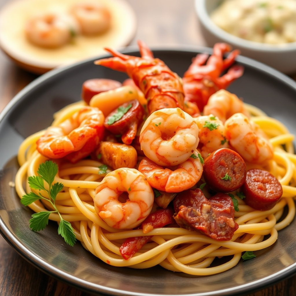 Hummer, reker og andouille-pølse over pasta