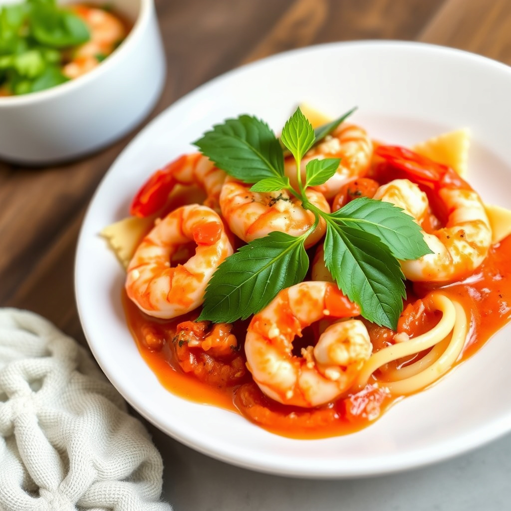 Hummerravioli i tomat- og fløtesaus med reker