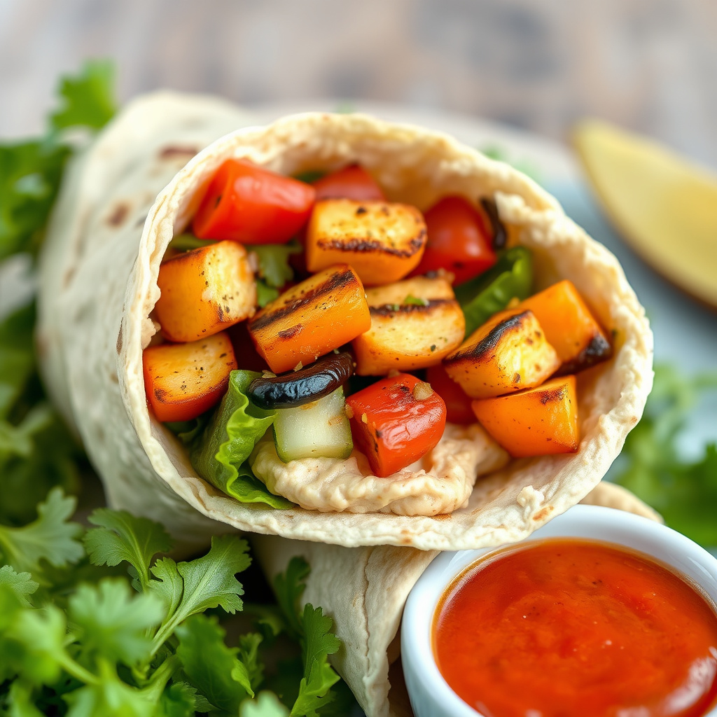 Hummus- og grillede grønnsaksrullade