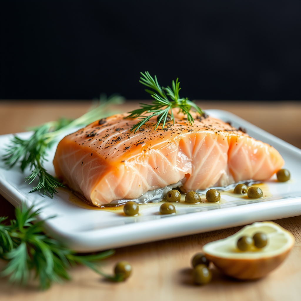 Husets røkte laks med fersk dill og kapers