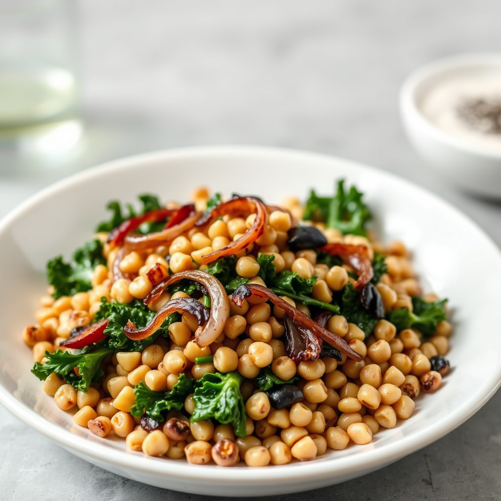 Hvetebær med grillede løk og grønnkål