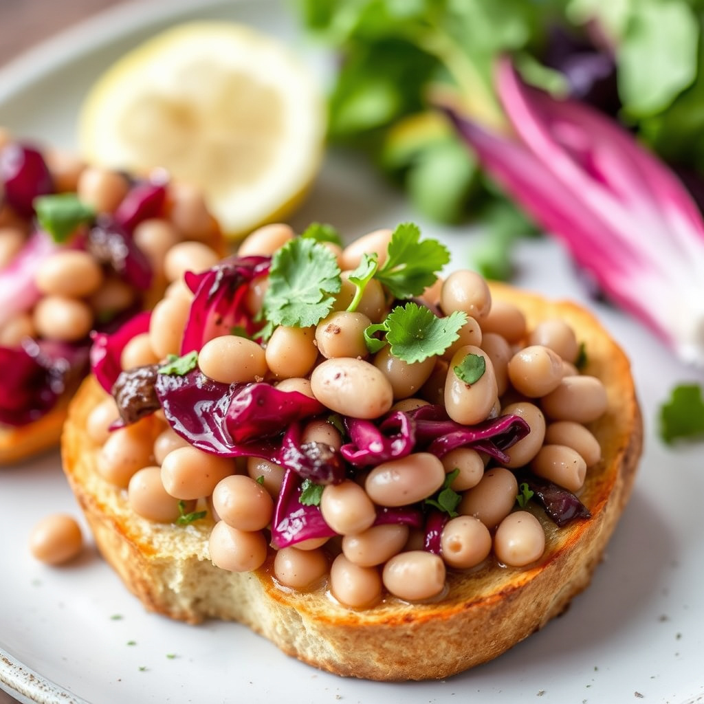 Hvit bønnebruschetta med grillede radicchiosalat