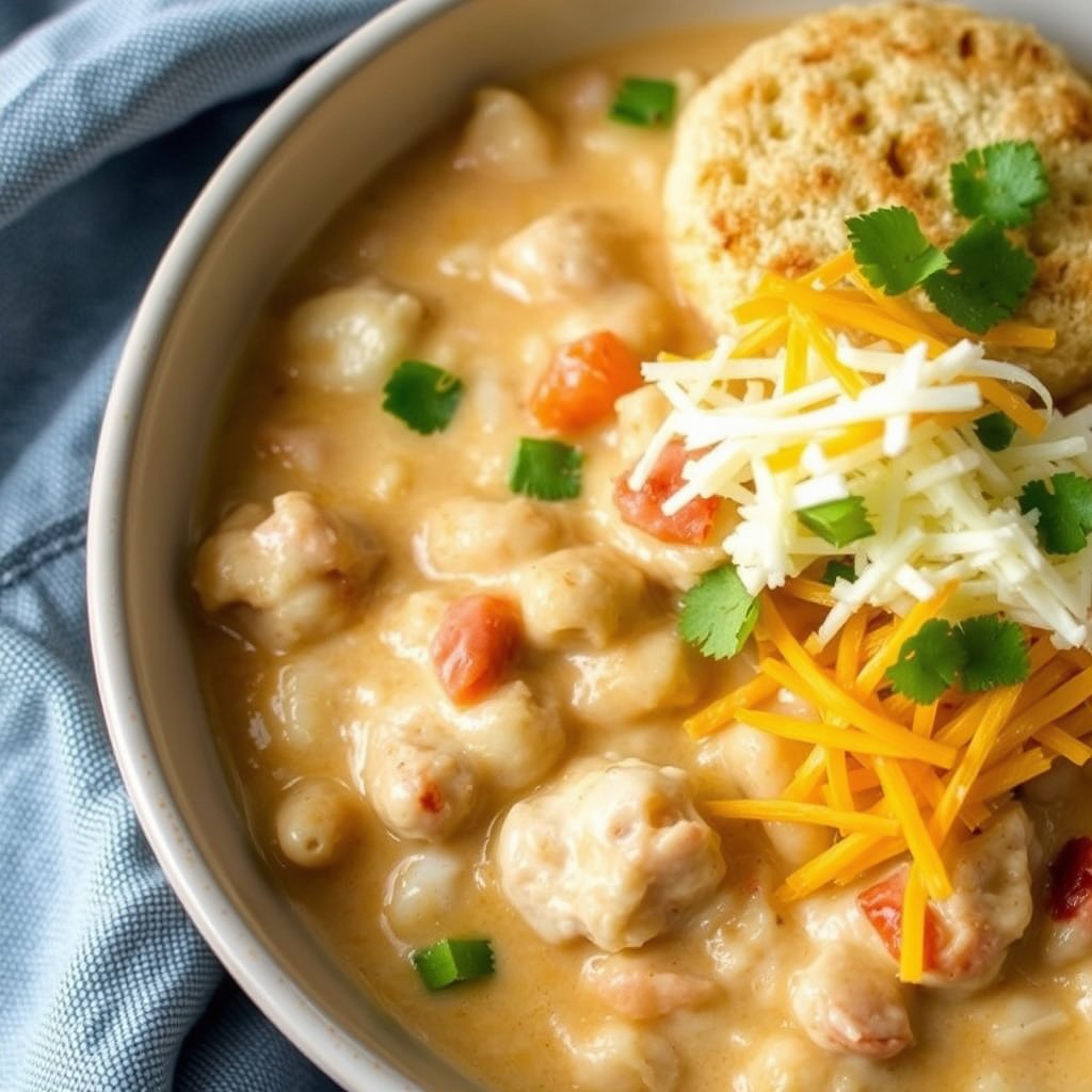 Hvit kyllingchili med cheddar-maisbrødbunn