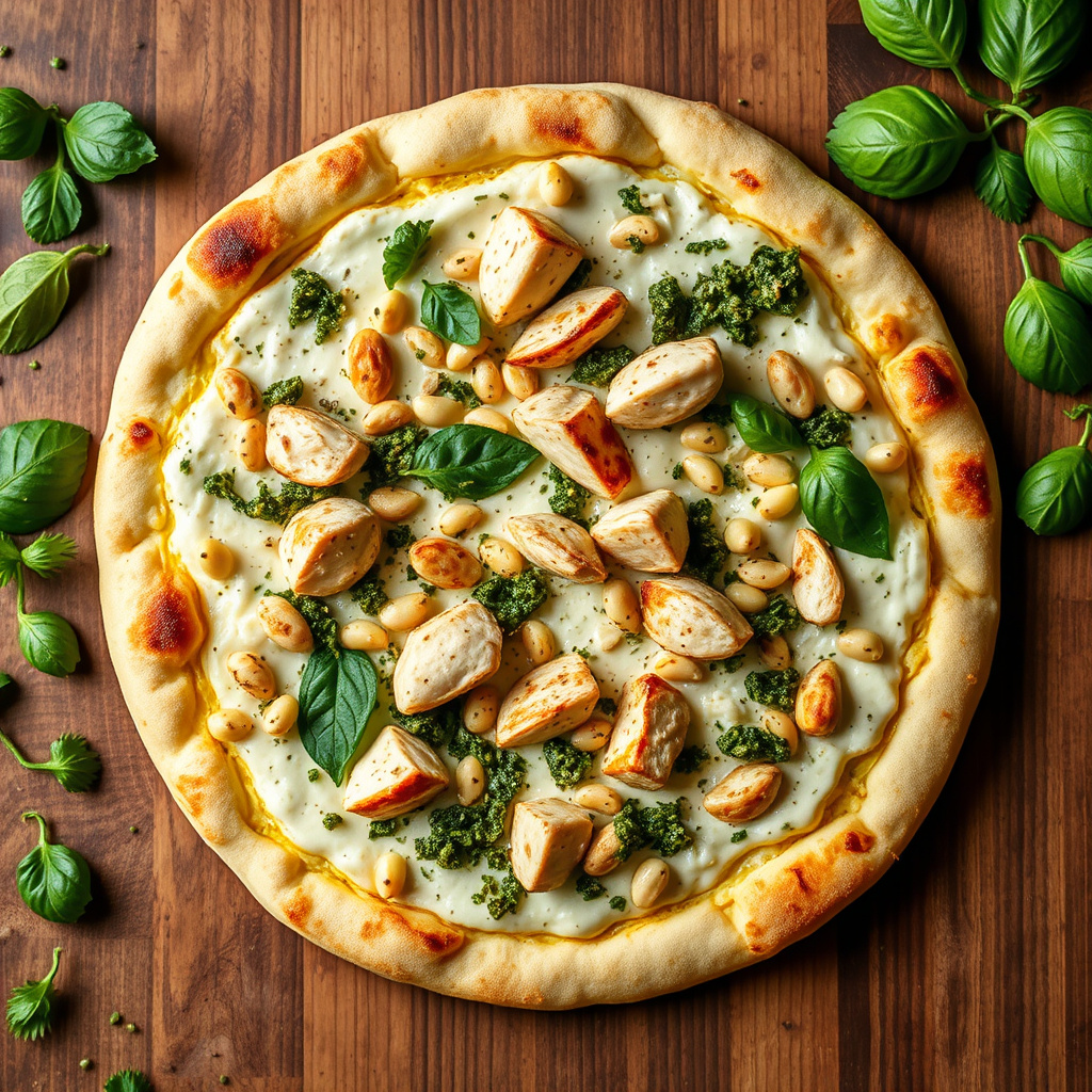 Hvit pizza med kylling, pesto og pinjekjerner
