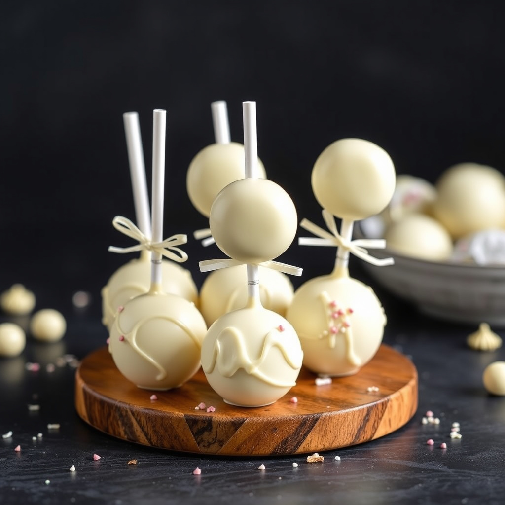 Hvite sjokolade-lollipops med kirsebær og cashewnøtter