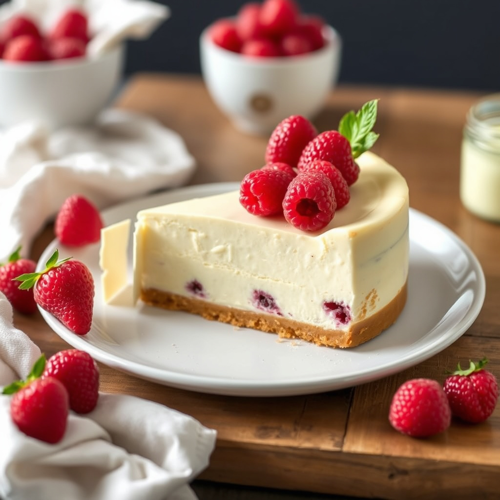 Hvit sjokolade- og bringebærcheesecake