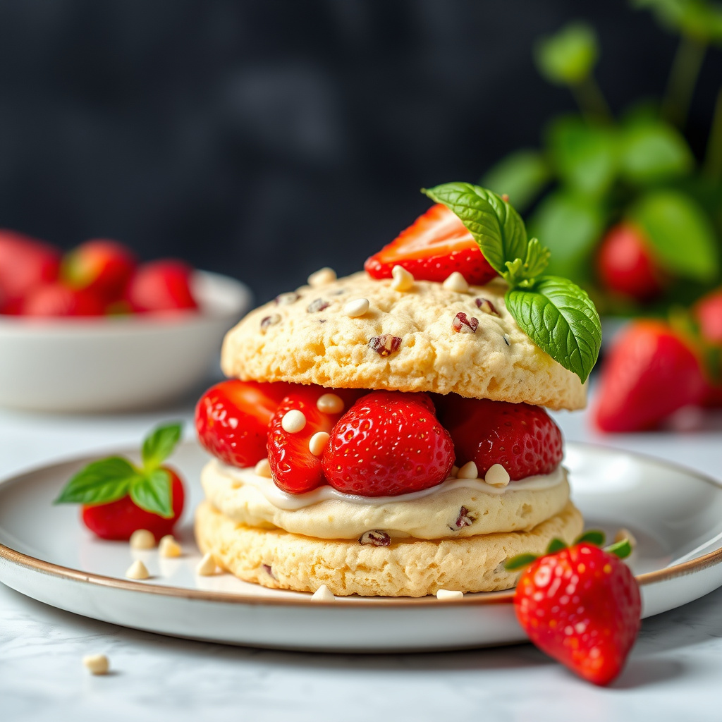 Hvit sjokoladebiter med shortcake og basilikum-jordbær