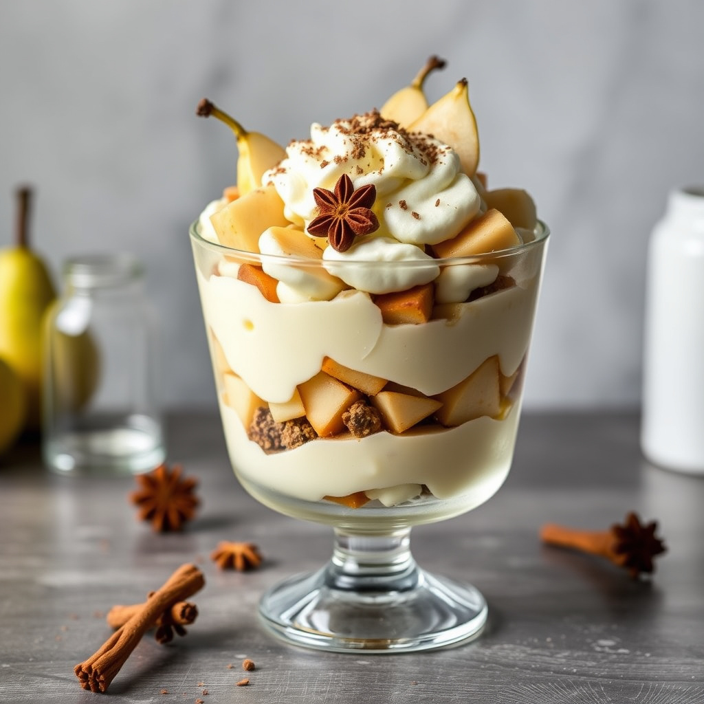 Hvit sjokoladetrifle med krydrede pærer