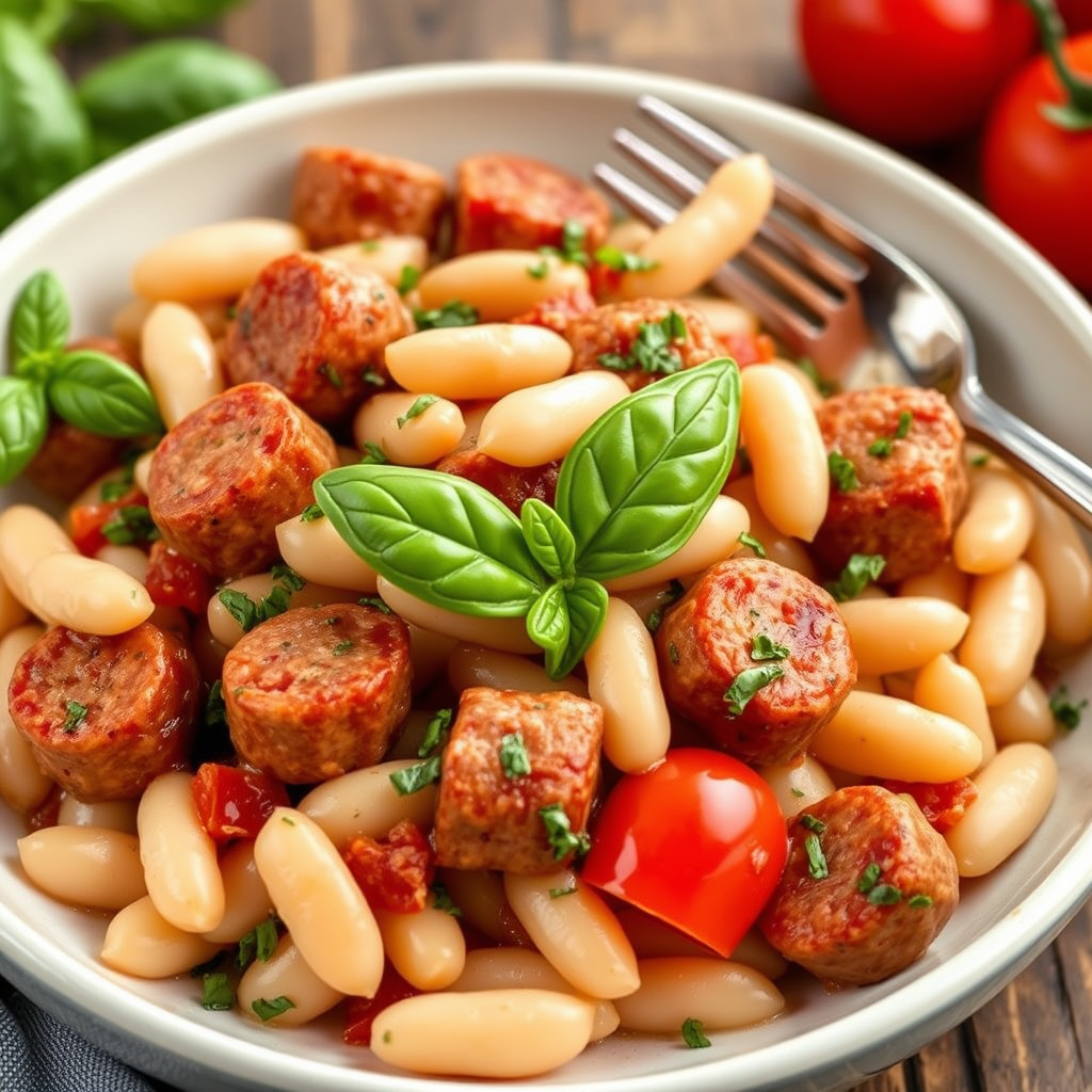 Hvite bønner med pølse, basilikum og tomat