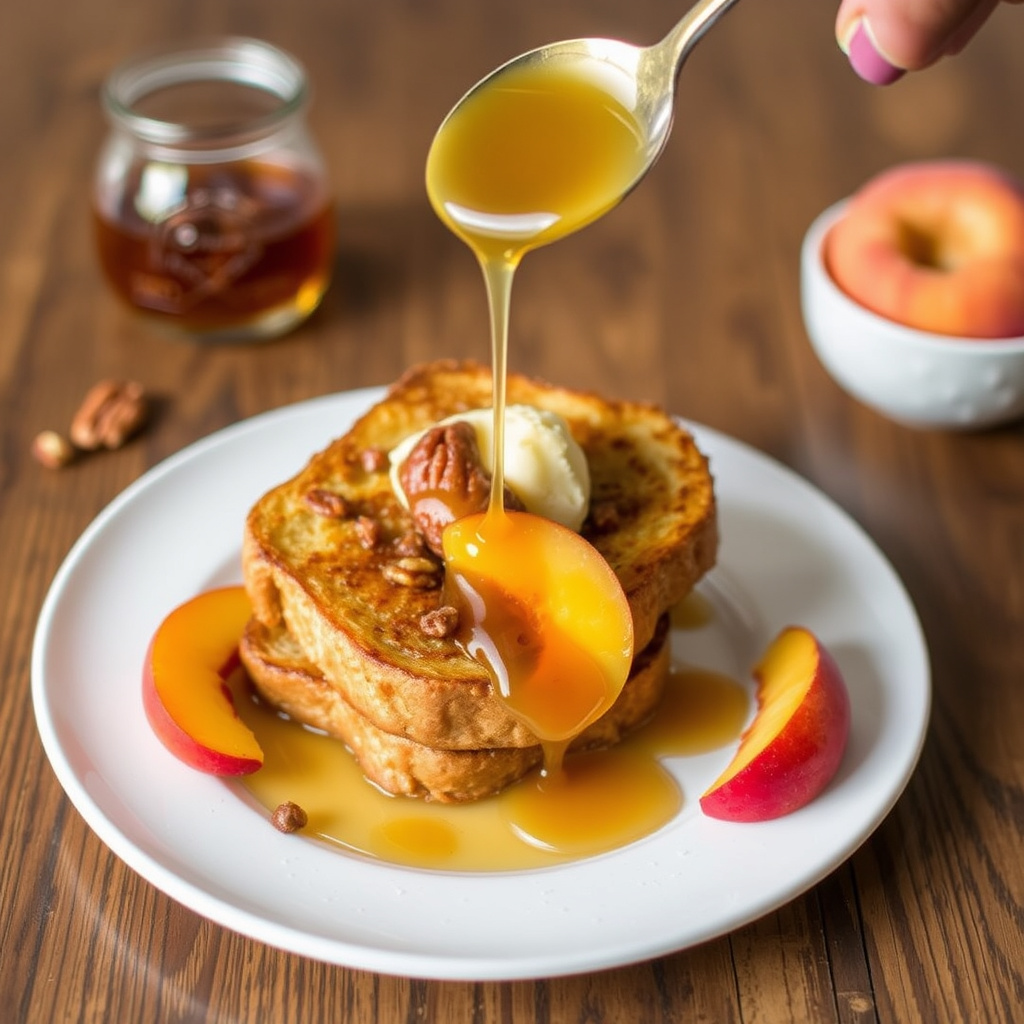 Hvite fersken-bourbon-fransk toast med hvit fersken-pekannøtt-sirup