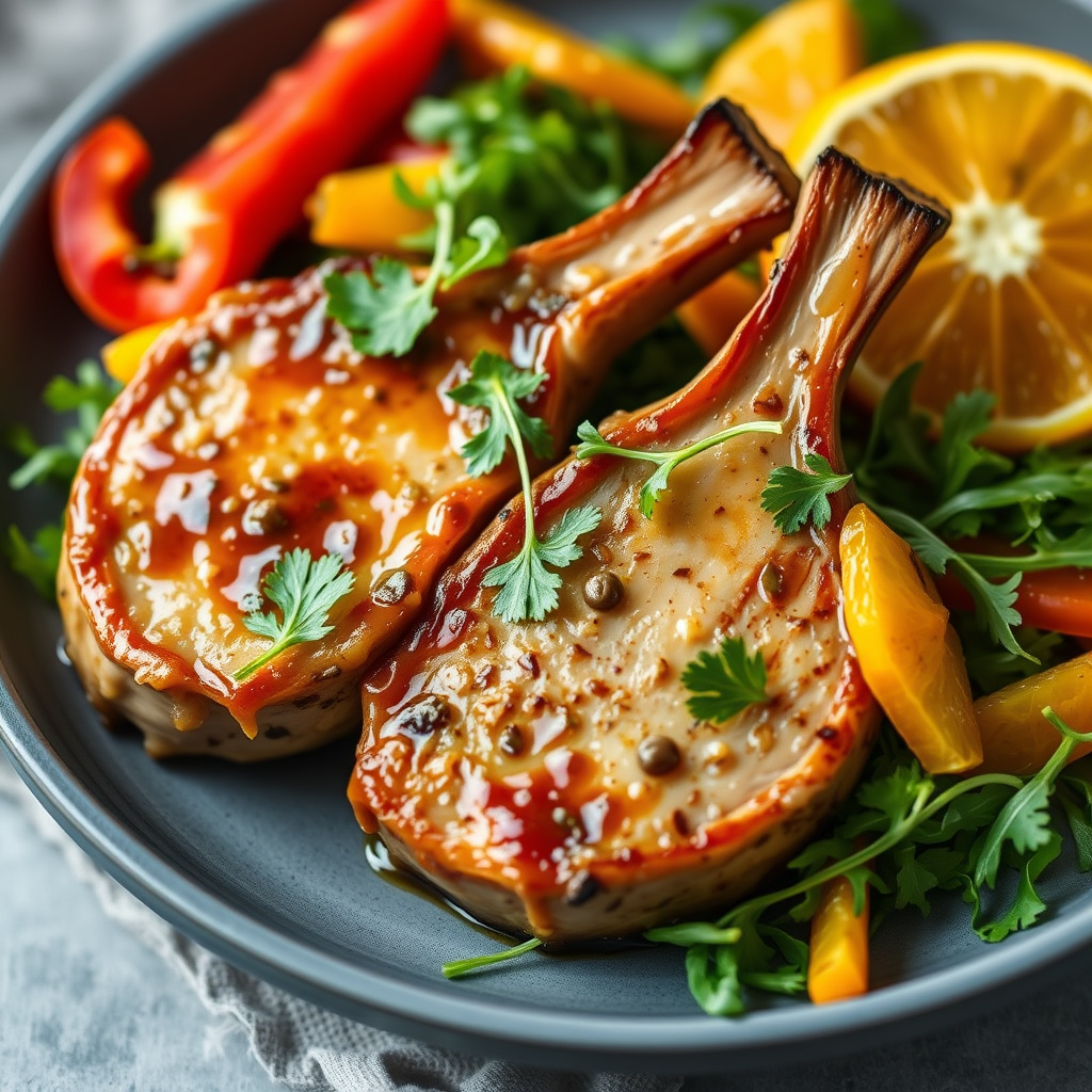 Svinekoteletter med hvitløk-miso og appelsinpaprikasalat