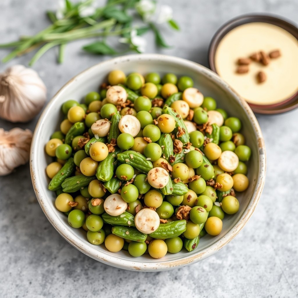 Erter og grønne bønner med hvitløk og urtesaus
